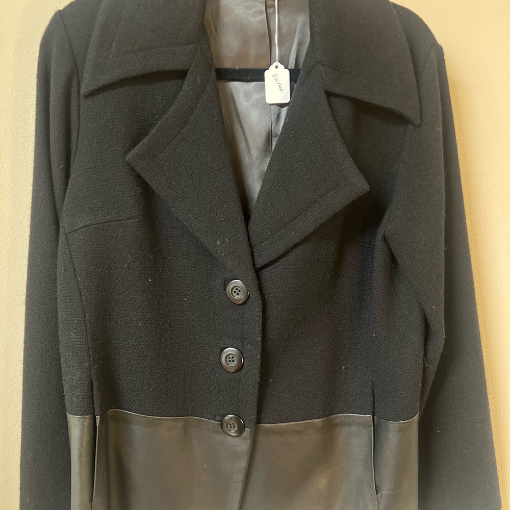 Tailored Black Wool and Black Leather Band Jacket .